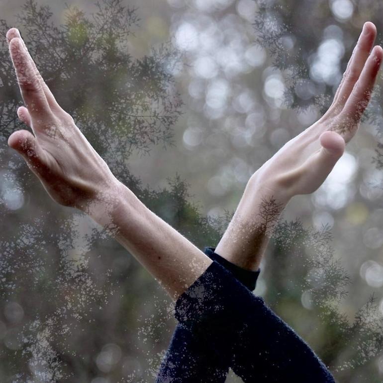 Två händer i en kryss. Skog i bakgrunden.
